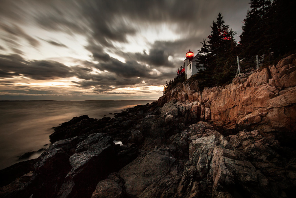 The Bass Harbor Lighthouse after dark in Maine